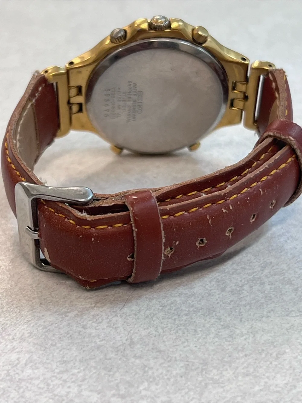 Vtg Seiko 73T2-6L48 Goldtone/White Leather Chrono Alarm Men’s Watch w/Date.